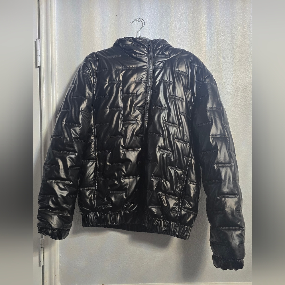 Mens Black Shiny Puffer Bomber Faux Leather Lined Jacket Drawstring Hood Y2K